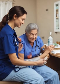 An elderly man sits on a chair beside a bed, holding the hand of a person lying down. The setting is a simple room with plain walls and a window. An intravenous drip is visible, indicating a healthcare environment.