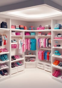 A brightly lit, spacious retail clothing store with rows of neatly arranged clothing racks and shelves filled with folded garments. The store has high ceilings with numerous spotlights and a modern, minimalist design. Multiple stacks of white shoe boxes are prominently displayed on tables throughout the space.