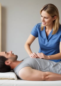 Hands performing a massage on a person's back, applying pressure to specific points. The setting is bright and calming, with soft focus creating a tranquil atmosphere.