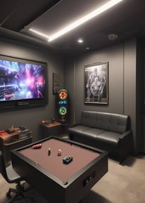 A row of gaming stations equipped with large monitors, gaming chairs, keyboards, and headphones. The setup is organized and ready for gaming, featuring a colorful screen display. The room has a modern and tech-savvy ambiance.