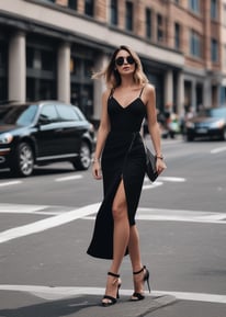 A stylish woman with short hair wearing round sunglasses, a black crop top with 'VYBE' printed on it, and a denim jacket draped over her shoulders. She stands confidently in an urban setting with blurred city buildings in the background.