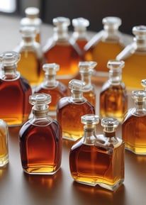 Multiple bottles of fragrance oil are neatly arranged on wooden shelves. The bottles vary in size and have labels with text both in English and another language. The lighting is warm, highlighting the sleek, dark-colored containers.