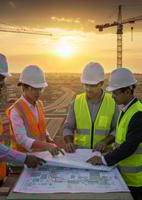 a group of people standing around a table with a map