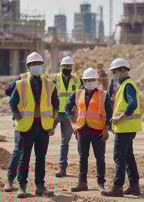 A person wearing a helmet and safety gear is standing in an industrial or construction-like setting. They are looking at a mobile device, possibly for work-related purposes. Around them are sheets or fabric drapes hanging, with cables and construction materials scattered on the concrete ground.