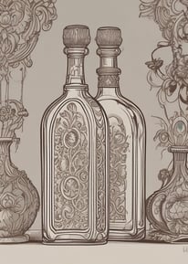 A rectangular glass bottle of perfume with a wooden cap lays diagonally on its corresponding packaging box. The bottle has a white label with text and a botanical illustration. The surrounding background is dark and textured, providing a contrast to the light-colored bottle and box.