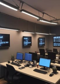 A dimly lit room features a prominent illuminated sign displaying the words 'Sysco LABS.' Below the sign are office desks with various electronic devices, including laptops and cables. The lighting creates a cool and professional atmosphere.