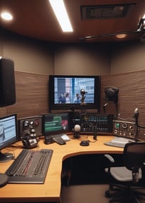 A dimly lit sound studio with an audio mixing console, a computer screen displaying audio tracks, and a speaker in the background. The scene has a warm, focused ambiance with a person partially visible, likely working on audio production.