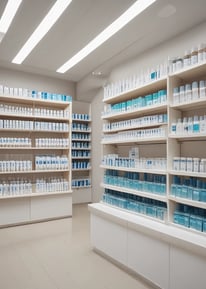 Rows of shelves filled with various colorful bottles and tubes, including creams and sprays. The products are neatly arranged in an orderly display, showcasing different brands and types, each with distinctive colored labels and caps.