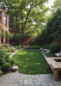 A garden landscape featuring various trees and shrubs, with a residential area in the background. Several houses with red-tiled roofs are visible, along with a large green space, well-tended gardens, and a variety of trees and plants.