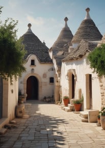 A narrow cobblestone street flanked by tall, closely packed buildings with beige and brown facades. The buildings have wooden window shutters and metal grilles. A sign is visible, indicating property for rent, and a person stands in the street looking at a phone.