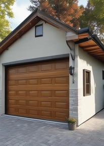 A wooden double door with a natural finish set within an arched stone doorway. The door has multiple panels and small glass windows, surrounded by a wall of red and beige bricks. An access control keypad is mounted on the right, above which is a rectangular light fixture.