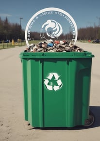 A green business waste bin is positioned against a brick wall. The bin is branded with a logo and contact information for a waste management company.