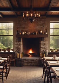 A spacious, elegantly decorated dining area with round tables covered with white cloths, surrounded by white chairs. The ceiling features large circular light fixtures and hanging red and gold ornaments. Large windows provide ample natural light, enhancing the modern and festive atmosphere.
