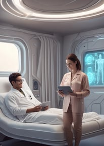 Un médecin avec une tablette à la main regarde un patient dans une chambre d'hopital futuriste