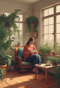 A cozy indoor space filled with a variety of vibrant green potted plants arranged on wooden shelving units. The room is brightened by natural light streaming through large windows, casting a soft glow on the plants. The floor and shelves are made of warm-toned wood, adding to the earthy and inviting atmosphere.