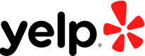 a red and white logo with a red and black background