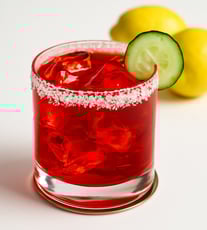 Red beverage with Ice cubes and a slice of cucumber