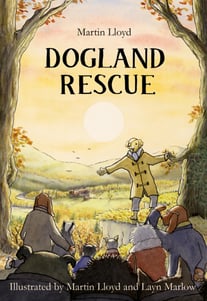 Childrens book cover, graphic novel, dog story, humorous story, ripping yarn