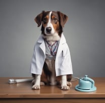 a dog sitting on a table with a doctor's coat on