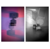 photography of a camera and a mp3 black and white