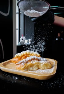 a person is sprinkling powdered with powdered sugar