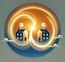 a couple of houses in a circle with a sun setting