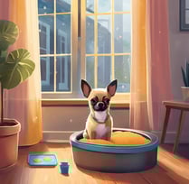 a dog sitting in a dogg litter box