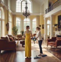 two woman standing in a huge house with big windows in an entry way cleaning the floor