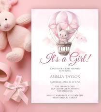 Cute Watercolor Pink Rabbit Girl Baby Shower Invitation