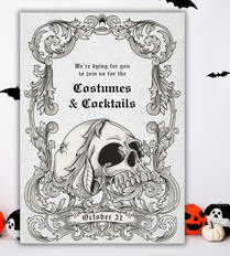 Halloween invitation with intricate vintage and gothic designs in black and white