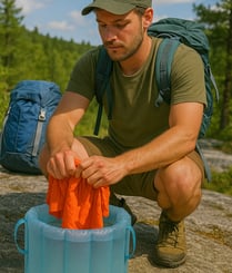 a man in a hat and backpacker's hat is holding a backpack