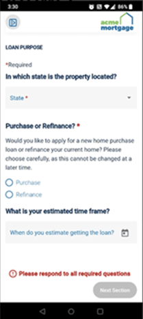 POS Mobile App Loan Purpose screen
