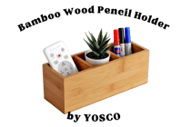 A natural bamboo organizer with compartments for pens, remote controls, and small office supplies.