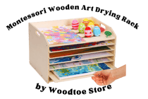 A multi-tiered wooden drying rack for children’s artwork, ideal for Montessori classrooms or home art stations.