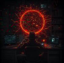 a man sitting at a desk with a computer and a computer