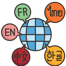 "Icon representing language tuition availability with a book, speech bubbles, and a globe."