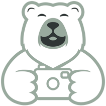 Logo de Papa Ours Photo – un ours souriant tenant un appareil photo