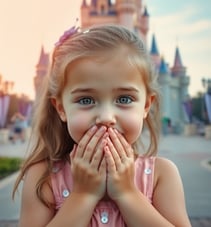 A young girl with the hands over my mouth reacting to her surprise disney trip reveal video