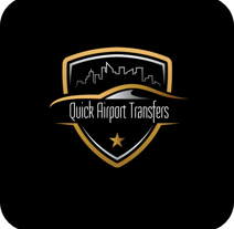 Quick Airport Transfers Logo black background with gold shield outline