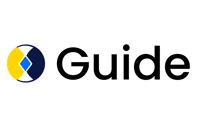 A yellow and blue logo with a black wordmark called Guide 
