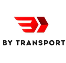 a red and white logo with the word by transportation