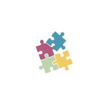 Quatre pièces de puzzle de couleurs différentes (bleu, rose, vert, jaune) symbolisant l'unité