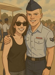 A proud Air Force graduate in uniform with a family member, showcasing years of discipline and commitment.