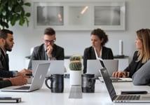 Five people seated at a desk each with laptops deep in thought