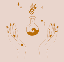 Dessin de mains tenant une fiole de potion magique, émettant une aura mystique