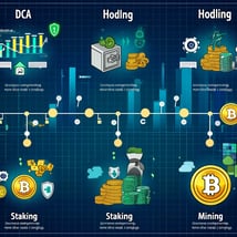 cryptocurrency investment strategies: Dollar-Cost Averaging (DCA), HODLing, Staking, and Mining. 