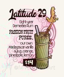 Illustrations from the menu for Beachbum Berry's Latitude 29 by New Orleans artist Melissa Vandiver.