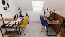 Aménagement bureau couleur jaune et bleu électrique et mobilier au style industriel