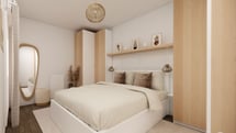 Chambre bohême avec rangement sur mesure autour du lit 