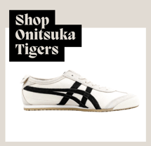 An image of Onitsuka Tiger sneakers in black and white, with the text "Shop Onitsuka Tigers"